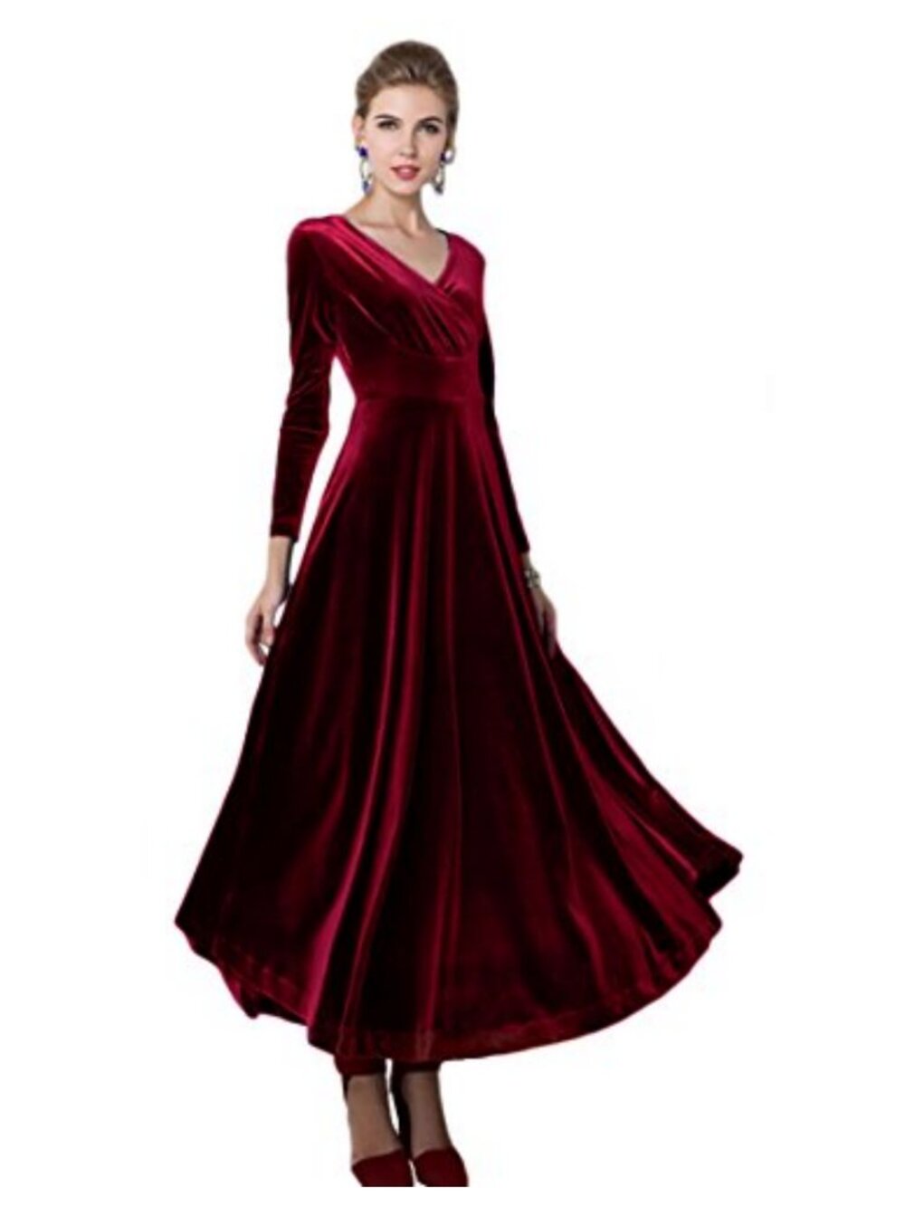 Long Sleeve V-Neck Gold Velvet Fit & Flare Maxi Dress Formal Party